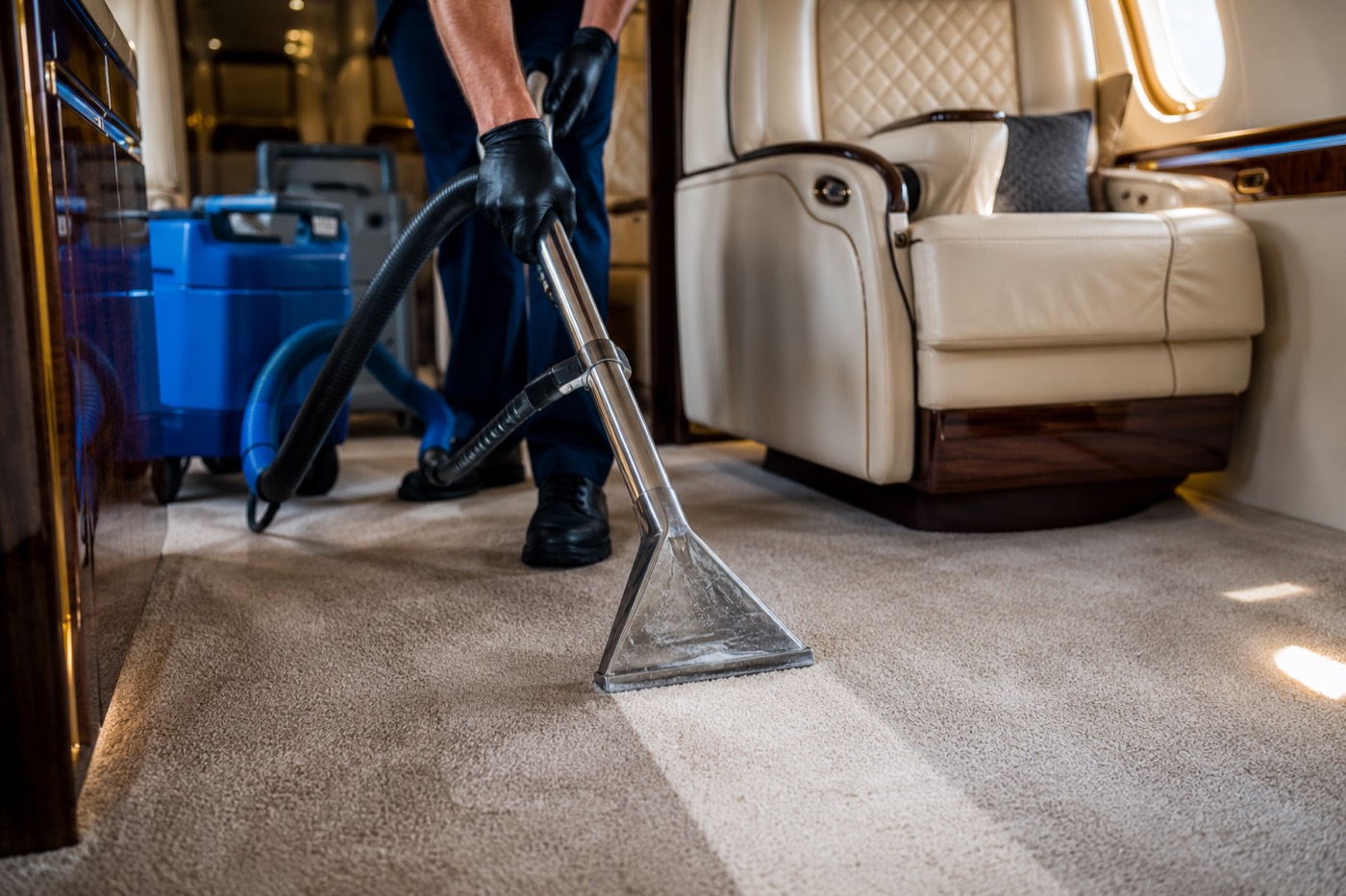 Carpet extraction machine deep-cleaning an aircraft cabin carpet