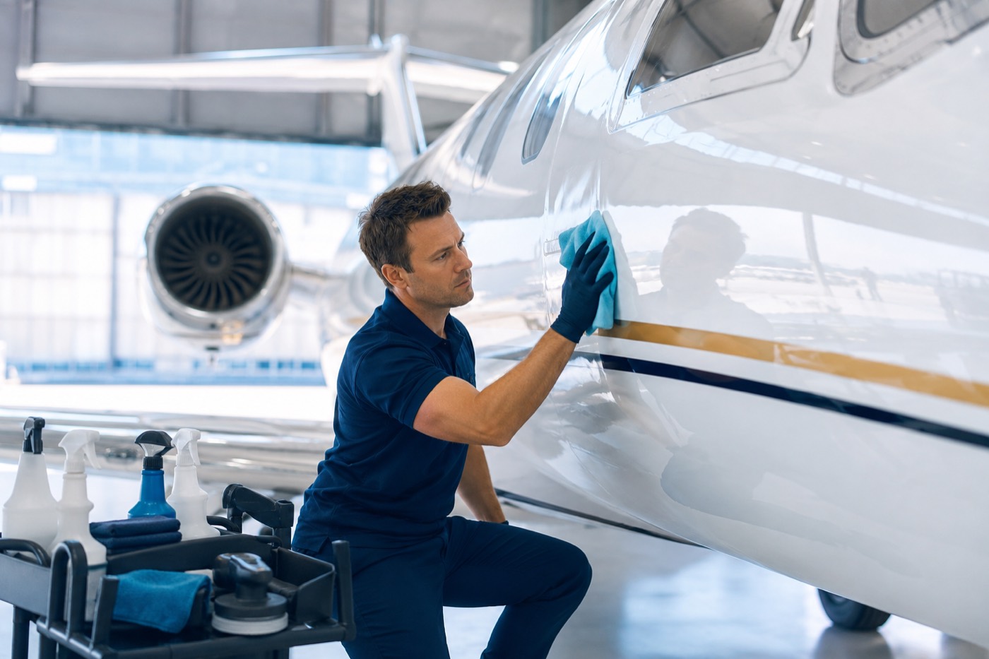 Technician detailing the fuselage of a private jet inside a Kansas City hangar