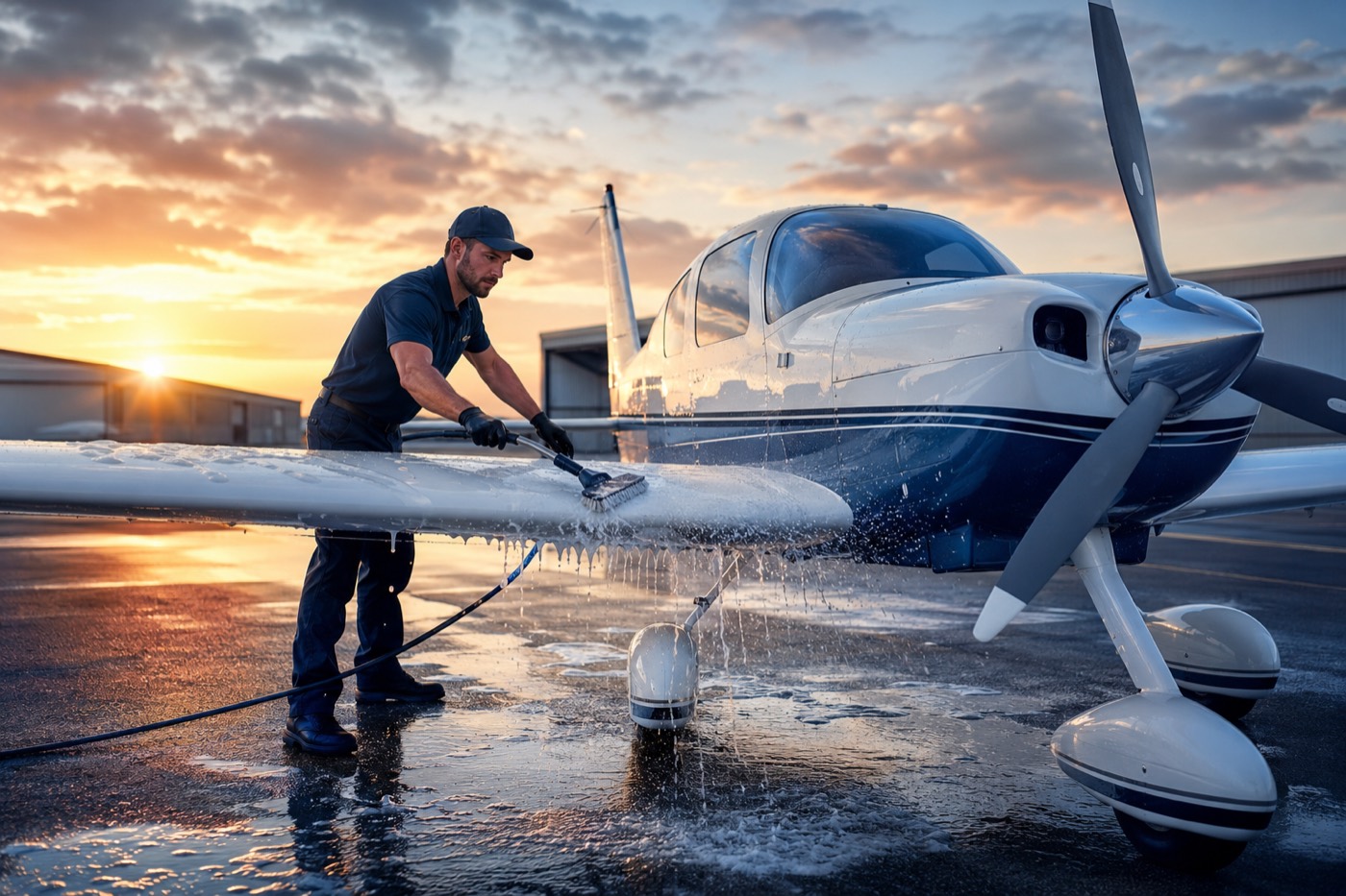 Aircraft exterior wash on the ramp at sunset in Kansas City