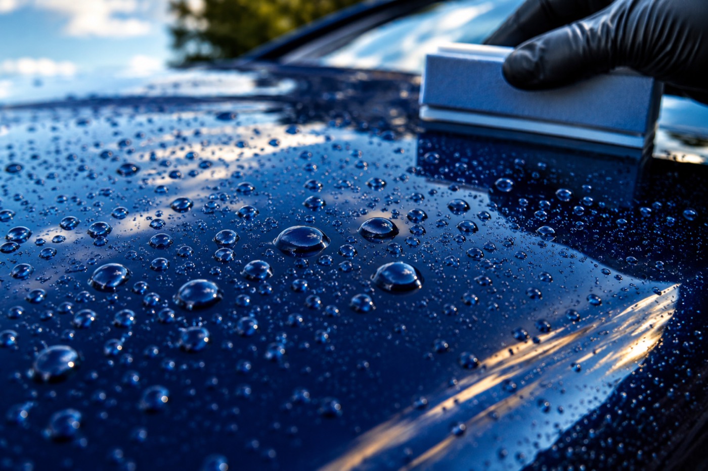 Water beading on navy blue paint after a professional ceramic coating