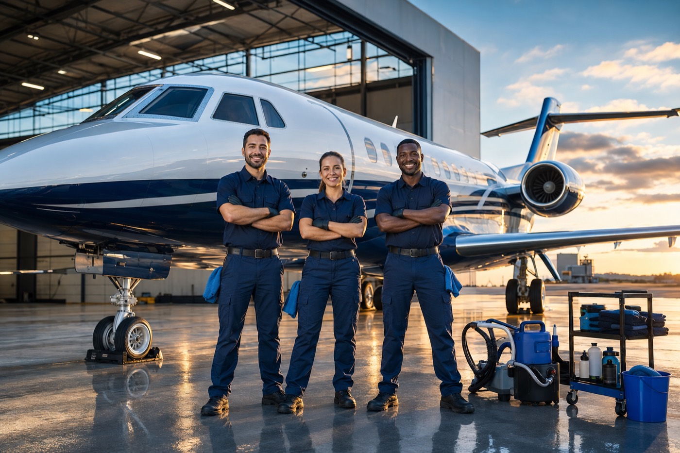 Falcon Detail Co technicians with a freshly detailed private jet