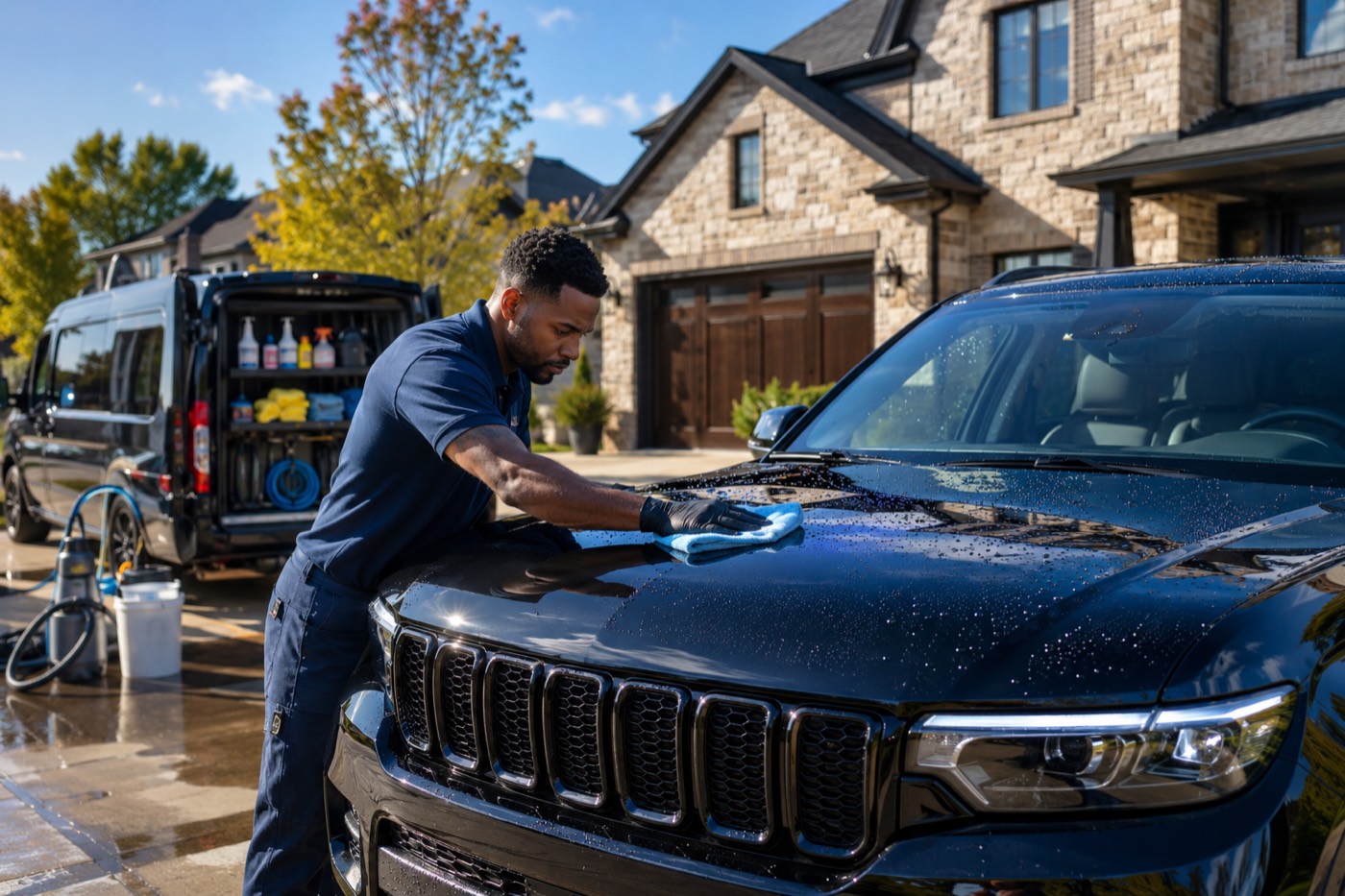 Mobile auto detailer polishing a black SUV in a Kansas City driveway